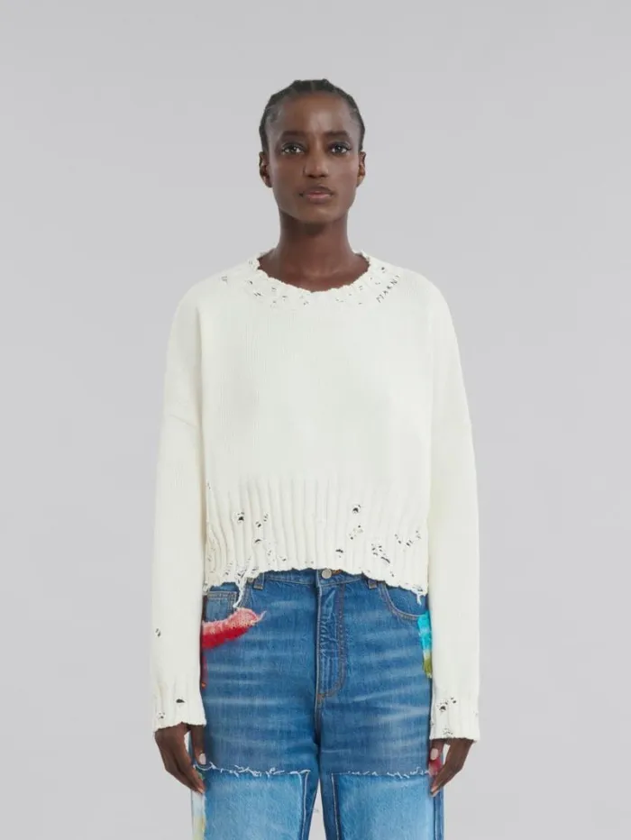 Women Marni Knitwear White Dishevelled Cotton Cropped Jumper