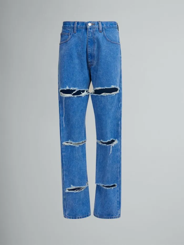 Women Marni Pants Blue Organic Denim Slashed Boyfriend Jeans