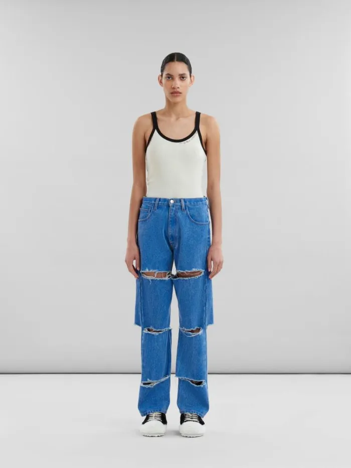 Women Marni Pants Blue Organic Denim Slashed Boyfriend Jeans