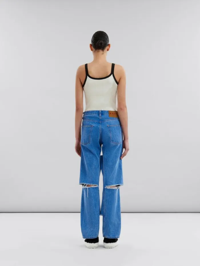 Women Marni Pants Blue Organic Denim Slashed Boyfriend Jeans