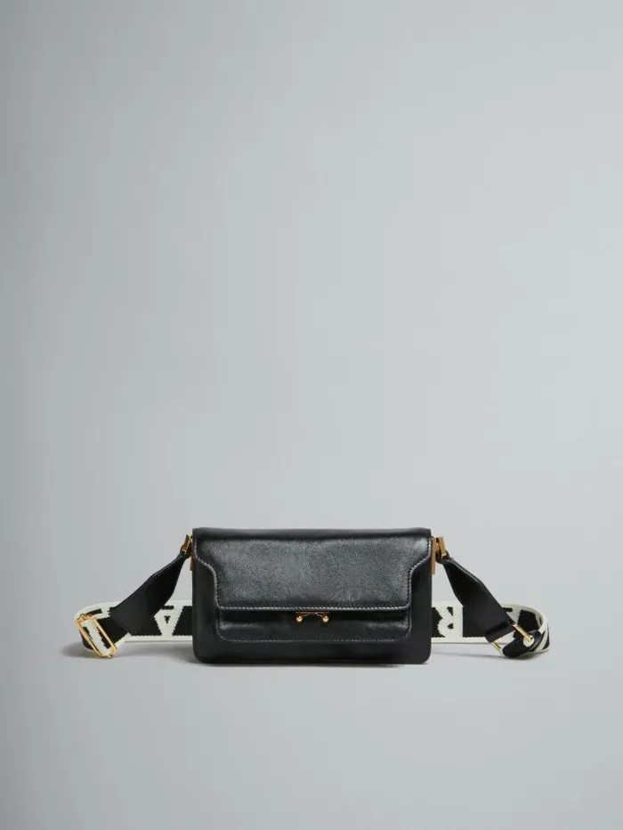 Women Marni Shoulder Bags Black Leather EW Soft Trunk Bag With Logo Strap