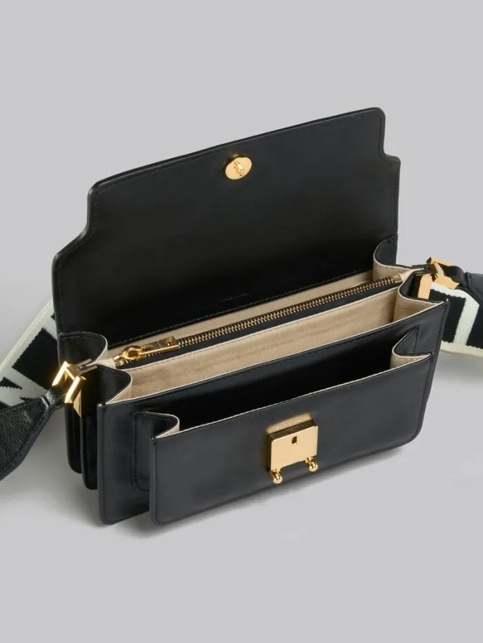 Women Marni Shoulder Bags Black Leather EW Soft Trunk Bag With Logo Strap