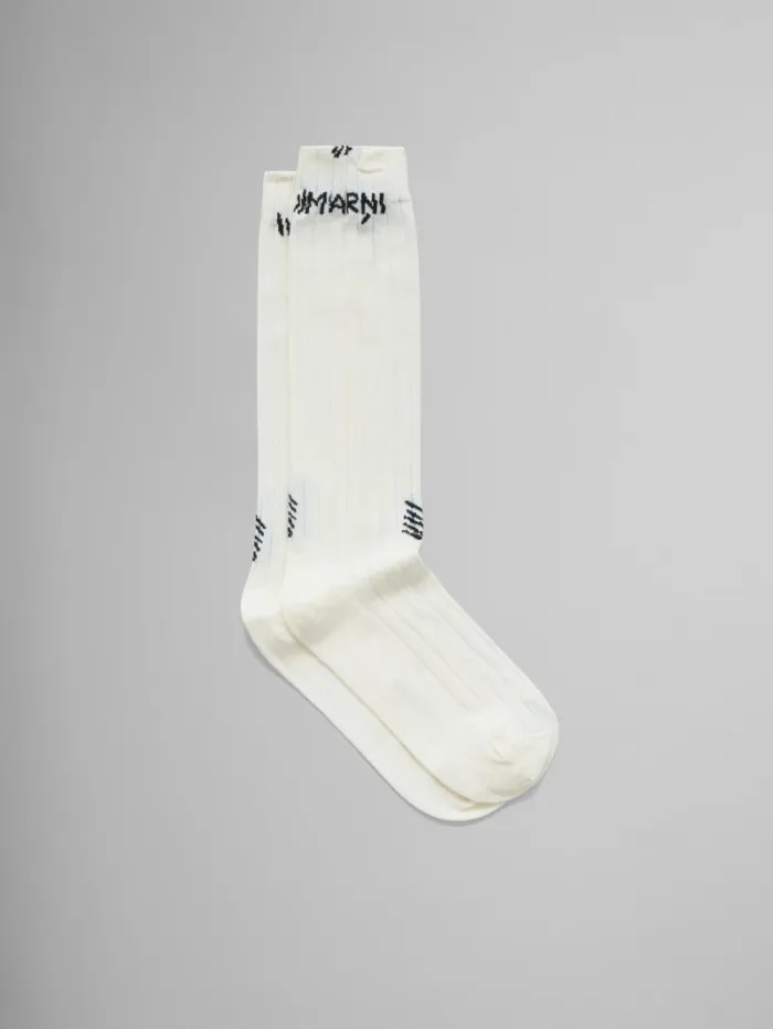 Women Marni Socks White Ribbed Cotton Socks With Marni Mending