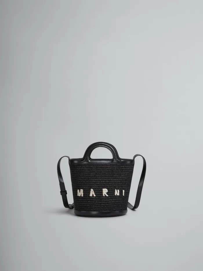 Women Marni Tropicalia Bag Tropicalia Small Bucket Bag In Black Leather And RaffiaEffect Fabric