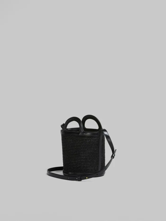 Women Marni Tropicalia Bag Tropicalia Small Bucket Bag In Black Leather And RaffiaEffect Fabric