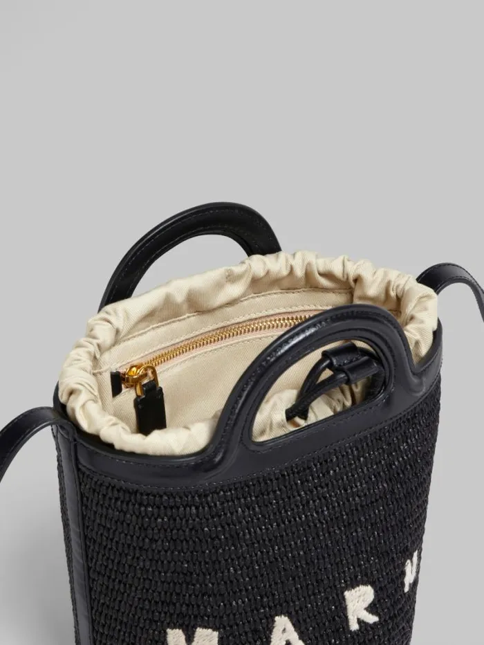 Women Marni Tropicalia Bag Tropicalia Small Bucket Bag In Black Leather And RaffiaEffect Fabric