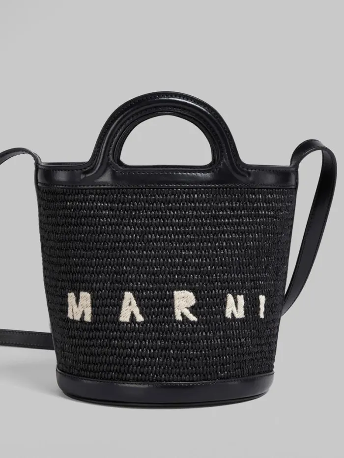 Women Marni Tropicalia Bag Tropicalia Small Bucket Bag In Black Leather And RaffiaEffect Fabric