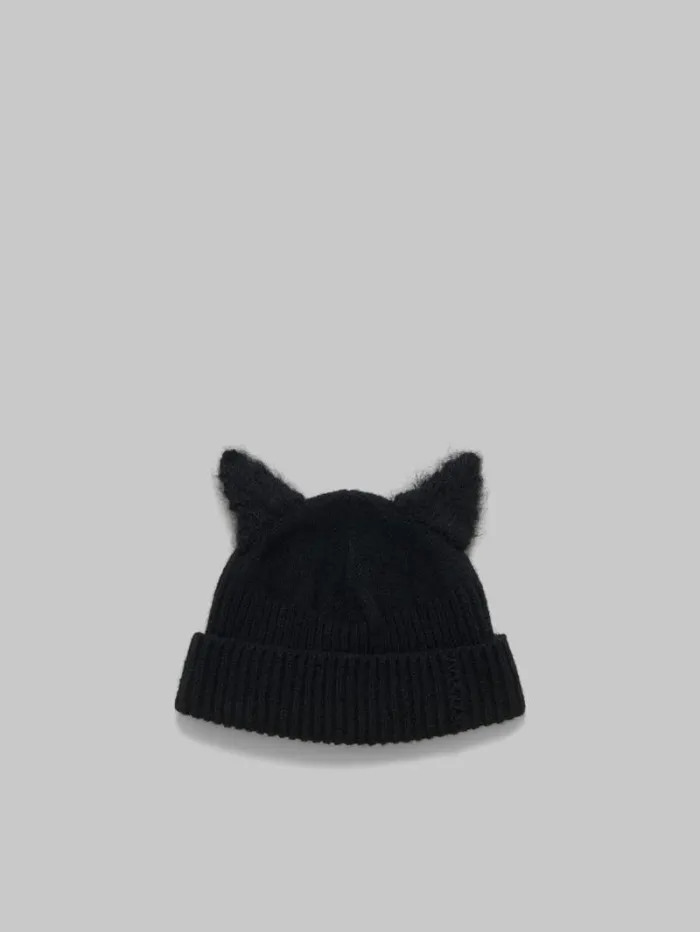WomenMen Marni Hats Black Wool Beanie With Mohair Ears