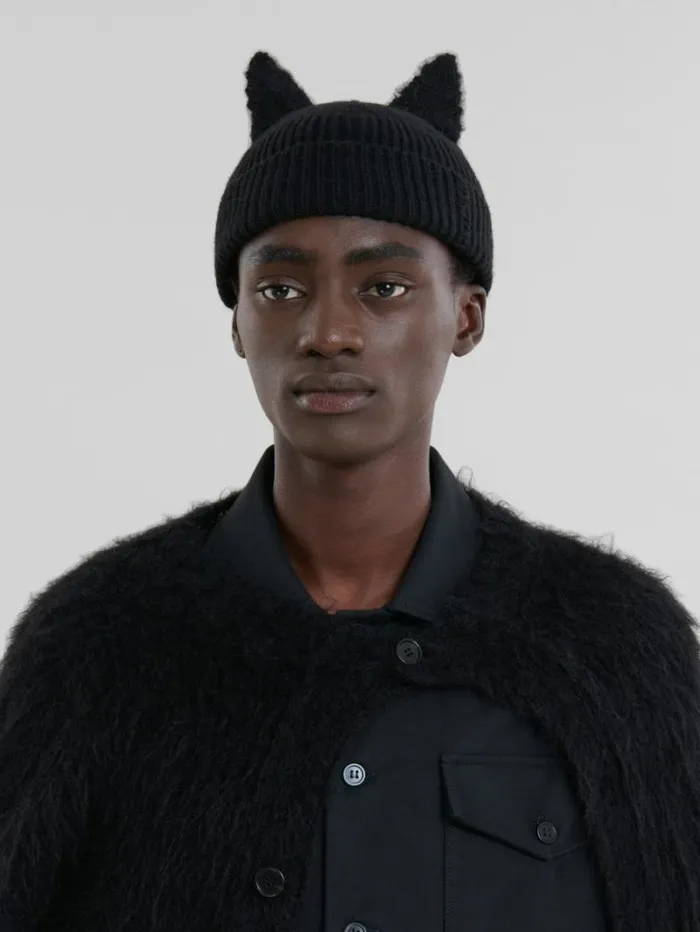 WomenMen Marni Hats Black Wool Beanie With Mohair Ears
