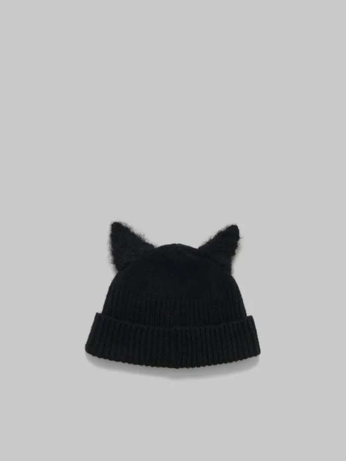 WomenMen Marni Hats Black Wool Beanie With Mohair Ears