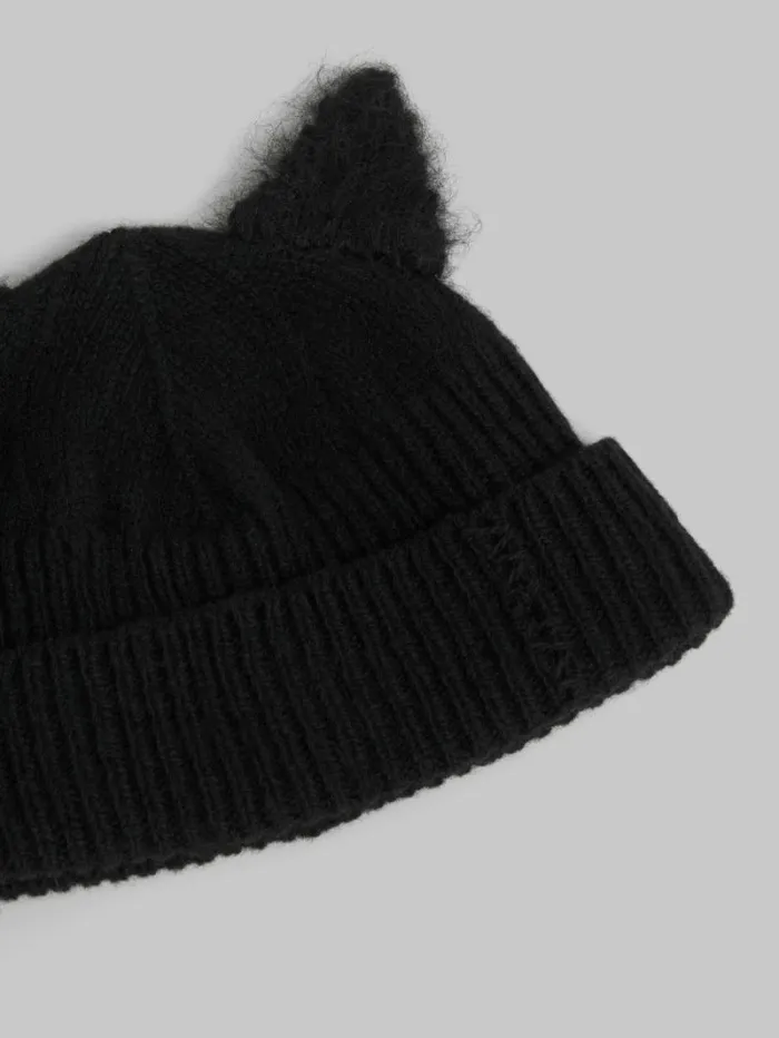 WomenMen Marni Hats Black Wool Beanie With Mohair Ears