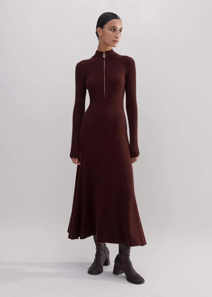 Women Merino Cashmere High Zip Neck Maxi Dress Rum Raisin MEEM