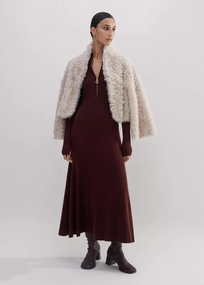 Women Merino Cashmere High Zip Neck Maxi Dress Rum Raisin MEEM