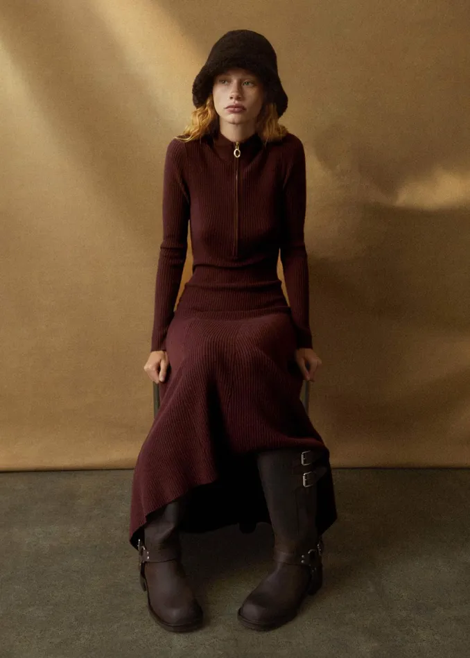 Women Merino Cashmere High Zip Neck Maxi Dress Rum Raisin MEEM