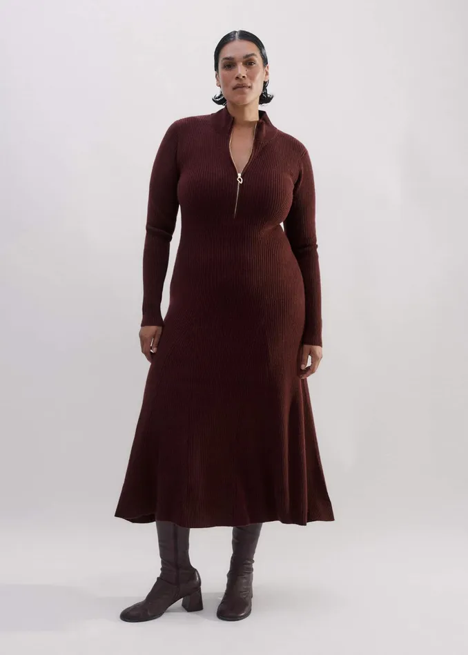 Women Merino Cashmere High Zip Neck Maxi Dress Rum Raisin MEEM
