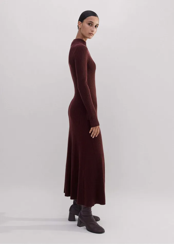 Women Merino Cashmere High Zip Neck Maxi Dress Rum Raisin MEEM