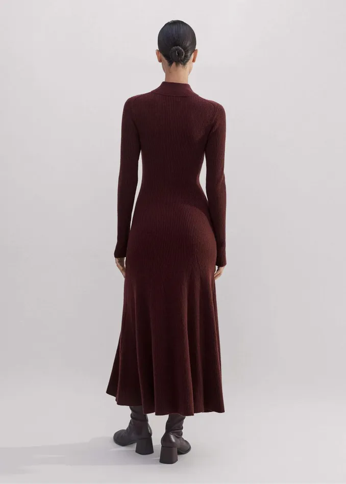 Women Merino Cashmere High Zip Neck Maxi Dress Rum Raisin MEEM