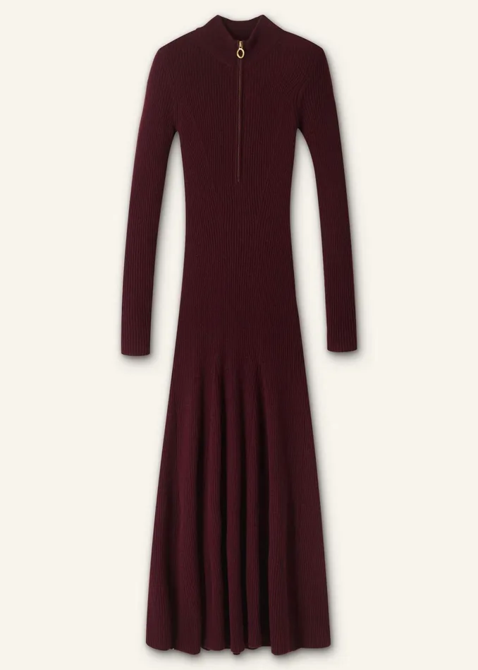 Women Merino Cashmere High Zip Neck Maxi Dress Rum Raisin MEEM