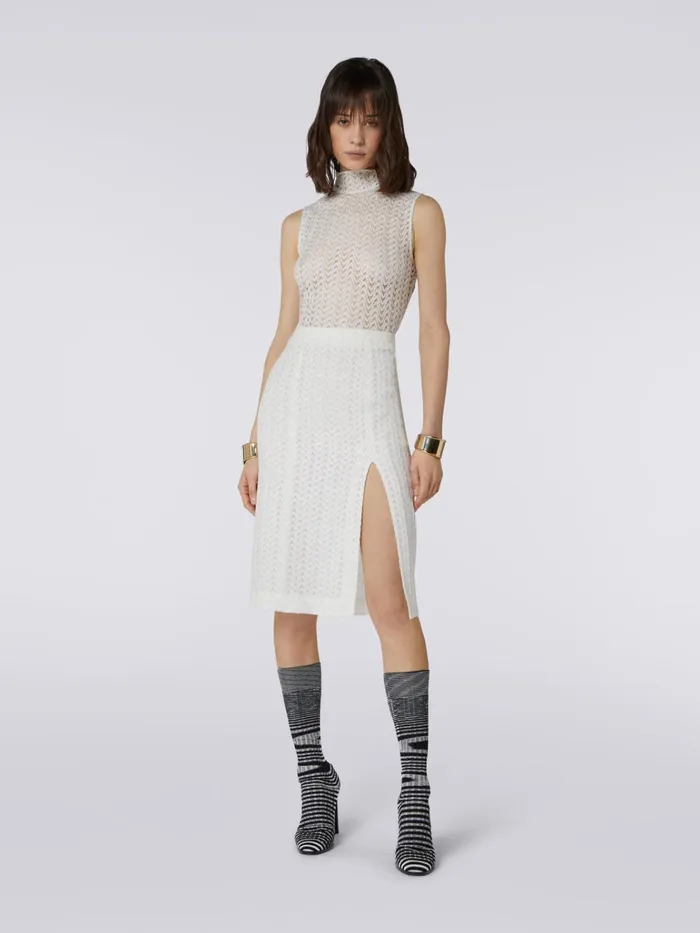 Women Midi Skirt With Split In Raschel Knit Wool And Viscose White Missoni Skirts Women Midi Skirt With Split In Raschel Knit Wool And Viscose White Missoni Skirts