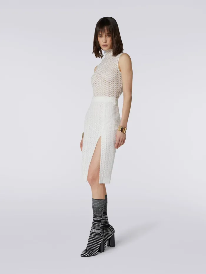 Women Midi Skirt With Split In Raschel Knit Wool And Viscose White Missoni Skirts Women Midi Skirt With Split In Raschel Knit Wool And Viscose White Missoni Skirts