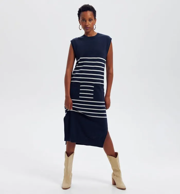 Women Nautical Knit Dress 8211 Navy Blue Stripes Promod Dresses