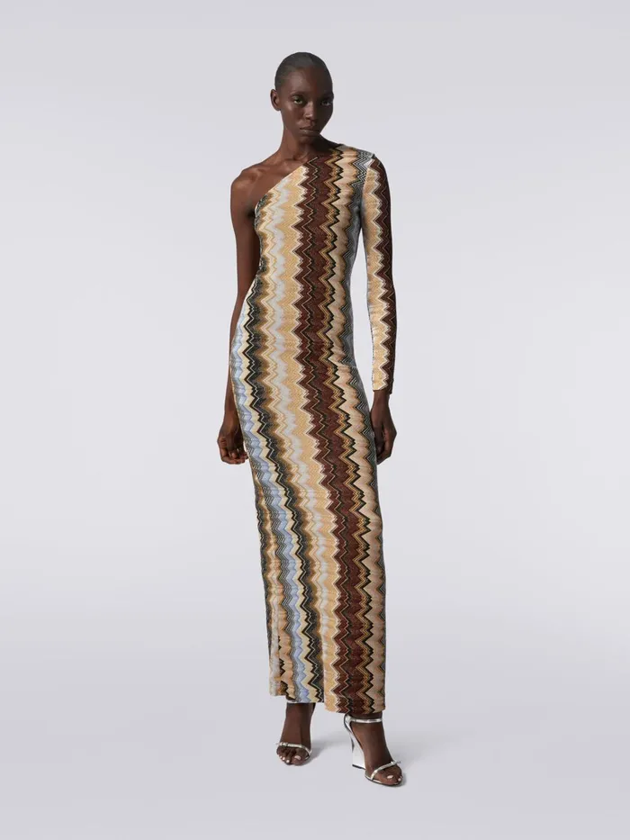 Women OneShoulder Long Dress In Lam Viscose With Zigzag Multicoloured Missoni Dresses Women OneShoulder Long Dress In Lam Viscose With Zigzag Multicoloured Missoni Dresses