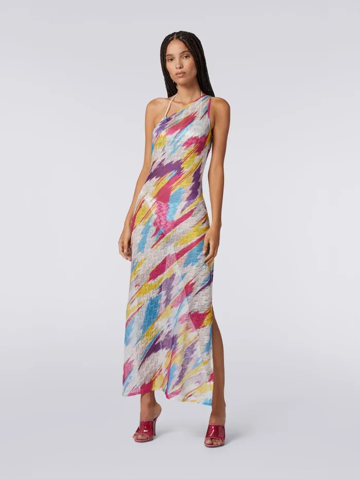 Women OneShoulder Zigzag Print Long Cover Up Dress Multicoloured Missoni Beachwear