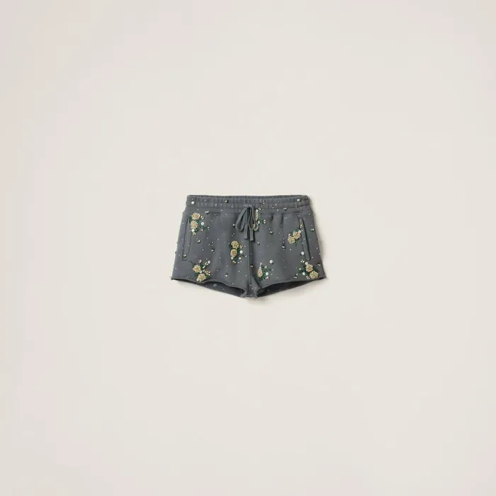 Women Pants And Shorts Miu Miu Garmentdyed Cotton Fleece Shorts With Embroidered Logo Iron Gray Women Pants And Shorts Miu Miu Garmentdyed Cotton Fleece Shorts With Embroidered Logo Iron Gray