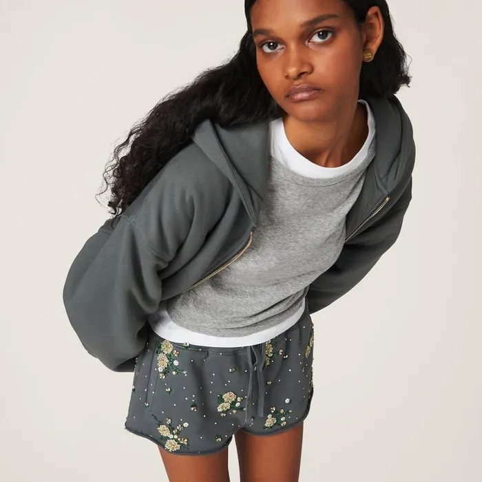 Women Pants And Shorts Miu Miu Garmentdyed Cotton Fleece Shorts With Embroidered Logo Iron Gray Women Pants And Shorts Miu Miu Garmentdyed Cotton Fleece Shorts With Embroidered Logo Iron Gray
