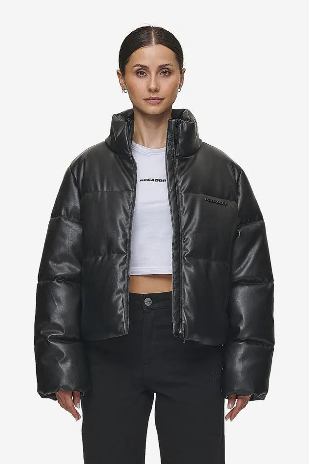 Women Pegador Jacken Georgia Faux Leather Puffer Jacket Metal Logo Black