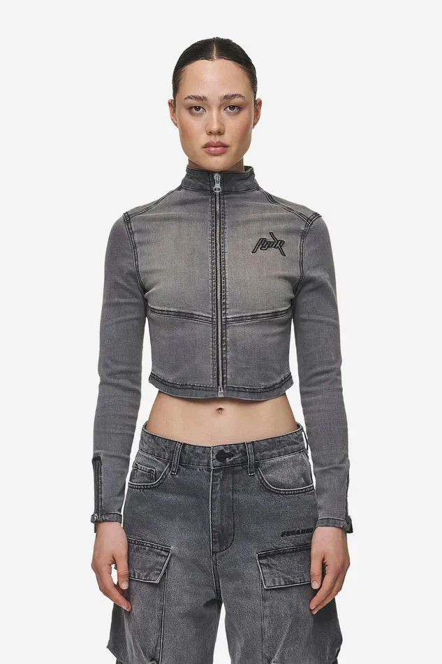 Women Pegador Tops Elly Denim Biker Jacket Washed Deep Grey