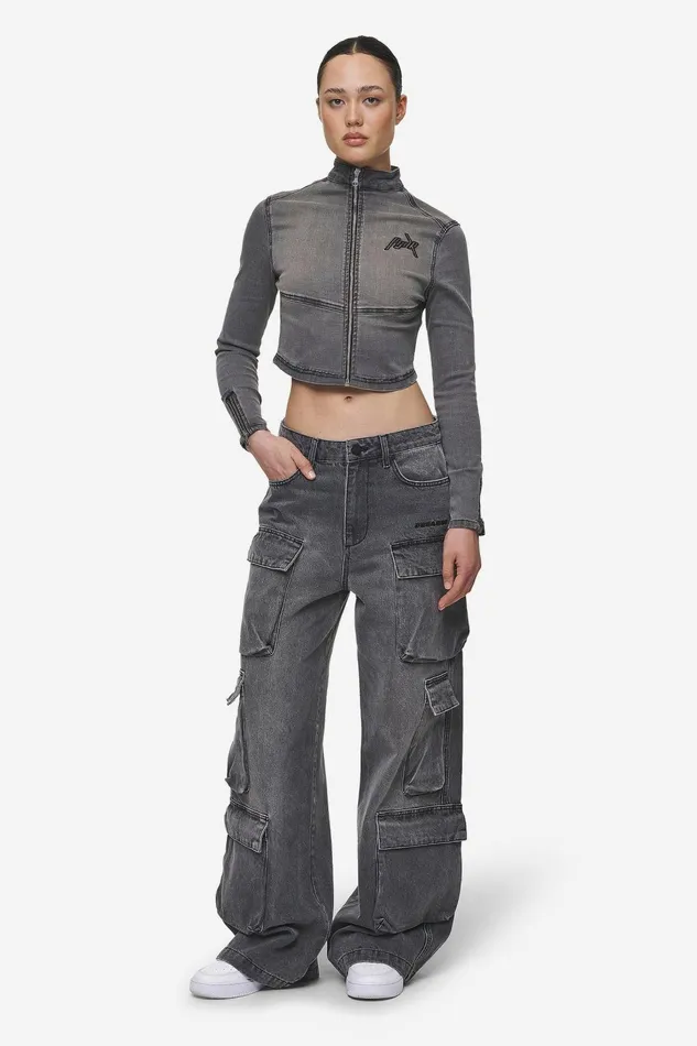 Women Pegador Tops Elly Denim Biker Jacket Washed Deep Grey Women Pegador Tops Elly Denim Biker Jacket Washed Deep Grey