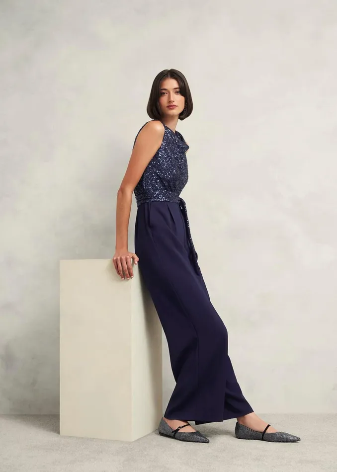 Women Petite Zuri Sequin Jumpsuit Midnight Navy Hobbs Dresses and Jumpsuits