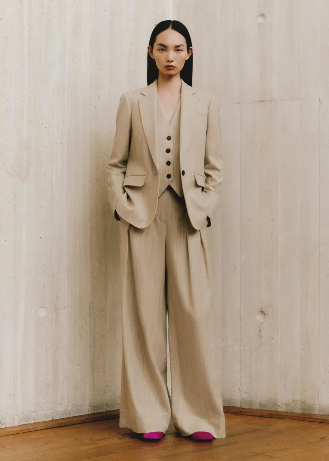 Women Pinstripe WideLeg Pleat Front Pant Creamchocolate MEEM
