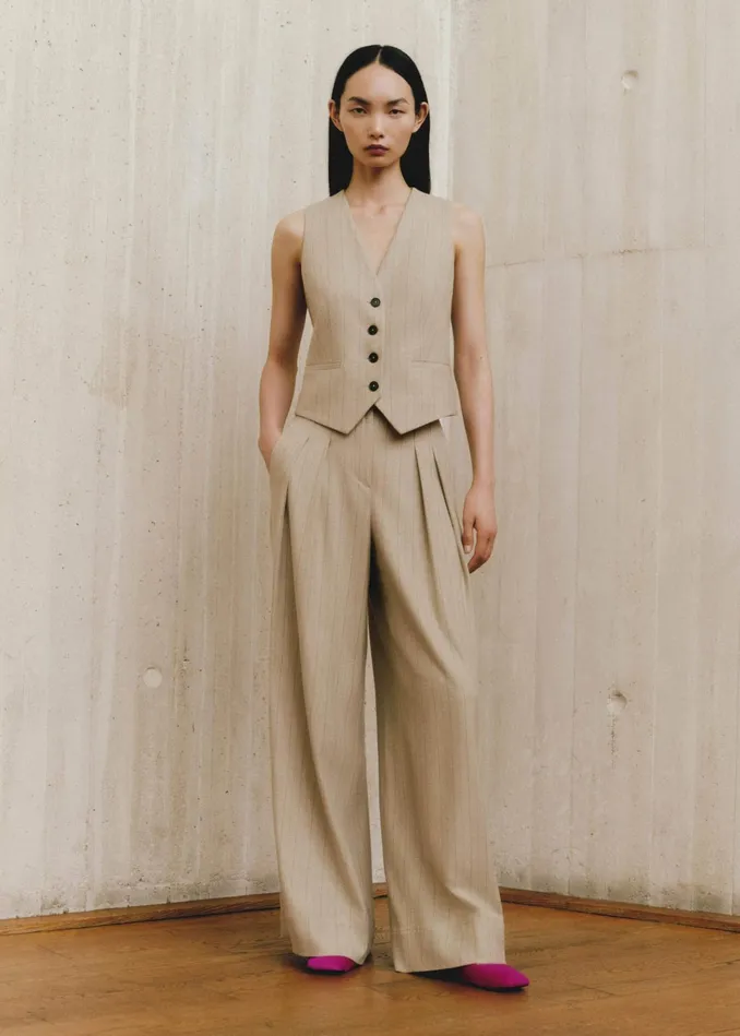 Women Pinstripe WideLeg Pleat Front Pant Creamchocolate MEEM