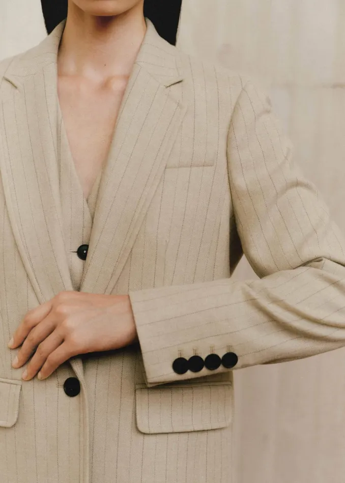 Women Pinstripe WideLeg Pleat Front Pant Creamchocolate MEEM