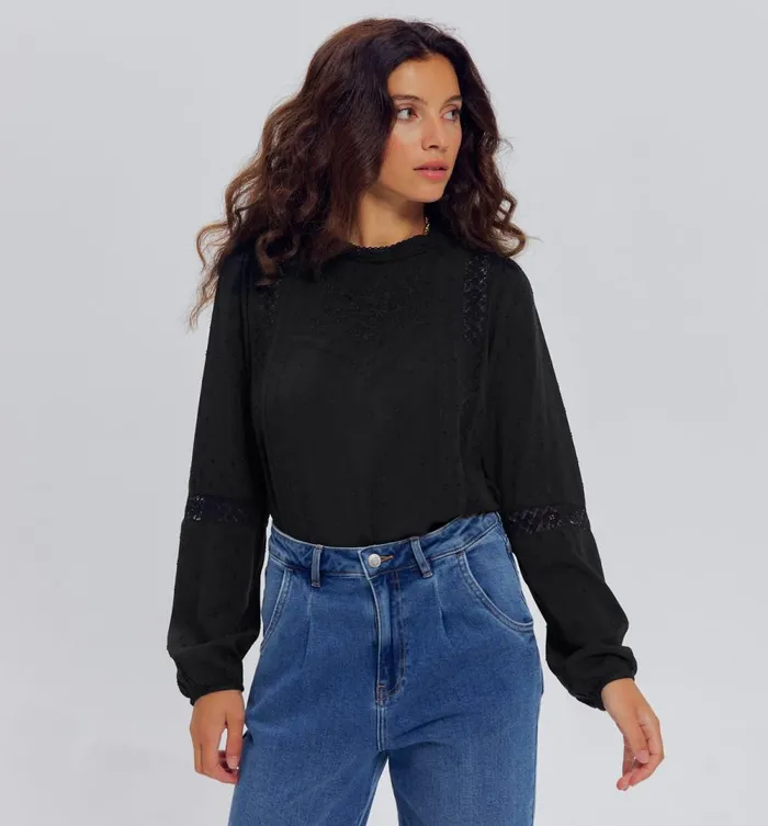 Women Retro Embroidered Blouse 8211 Black Promod Shirts And Tunics