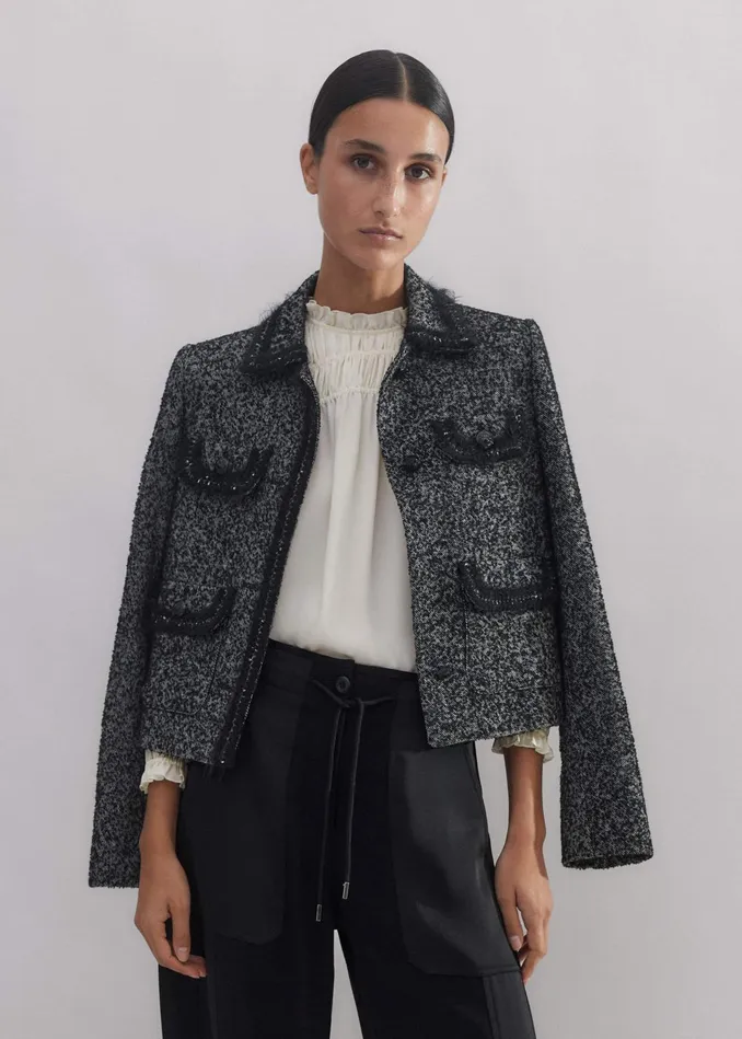 Women Salt And Pepper Fringe Tweed Jacket Blackwhite MEEM