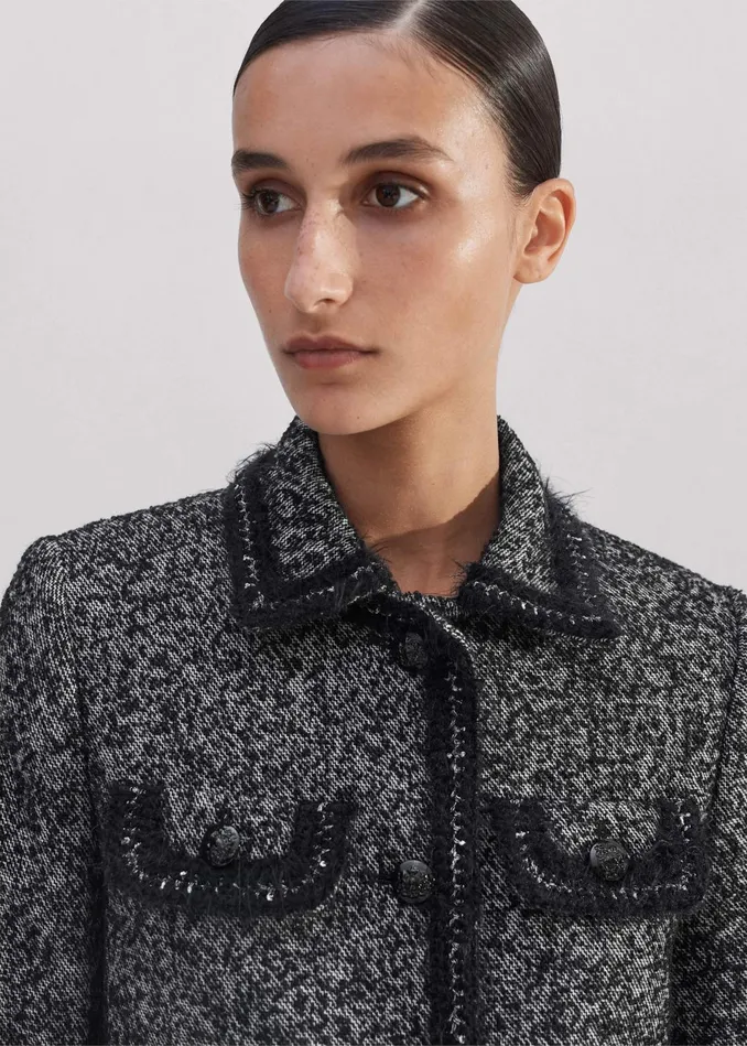 Women Salt And Pepper Fringe Tweed Jacket Blackwhite MEEM