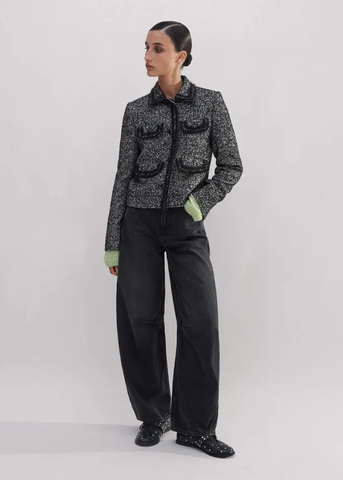 Women Salt And Pepper Fringe Tweed Jacket Blackwhite MEEM