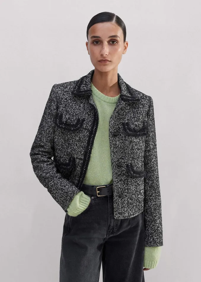 Women Salt And Pepper Fringe Tweed Jacket Blackwhite MEEM