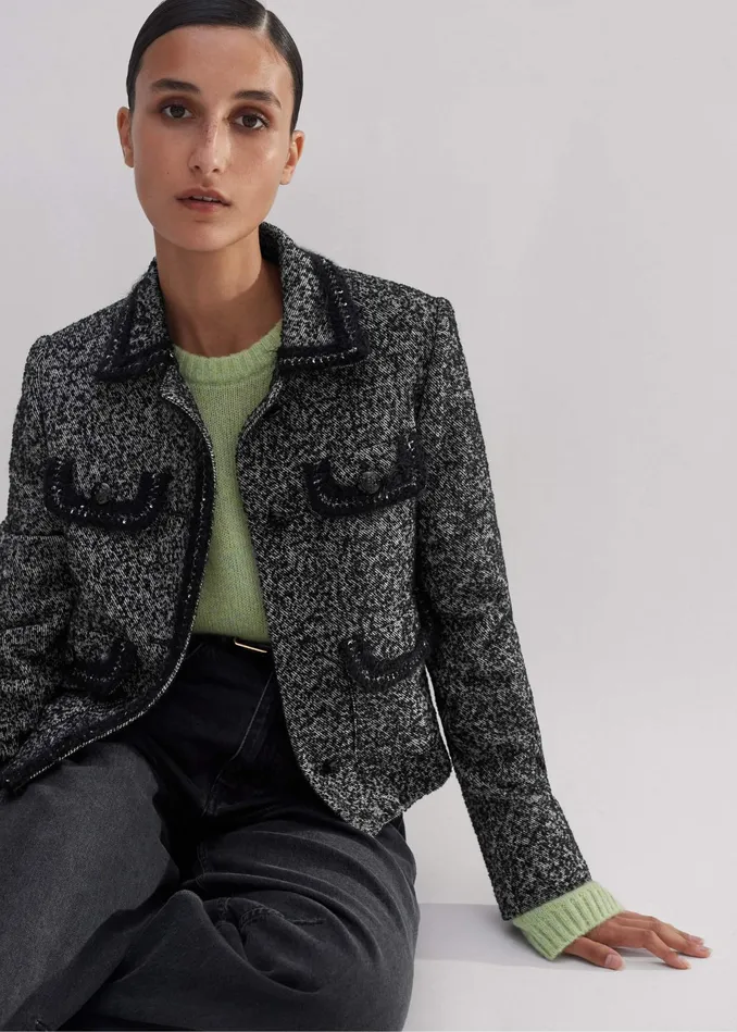 Women Salt And Pepper Fringe Tweed Jacket Blackwhite MEEM