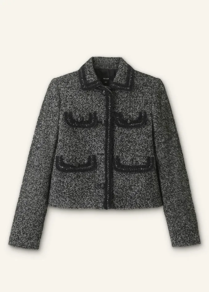 Women Salt And Pepper Fringe Tweed Jacket Blackwhite MEEM