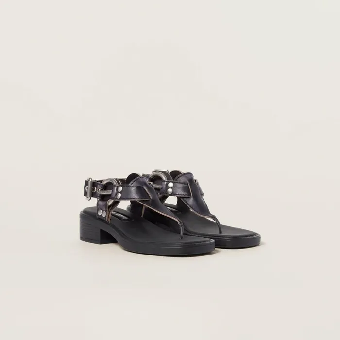 Women Sandals Miu Miu Bleached Leather Thong Sandals Black