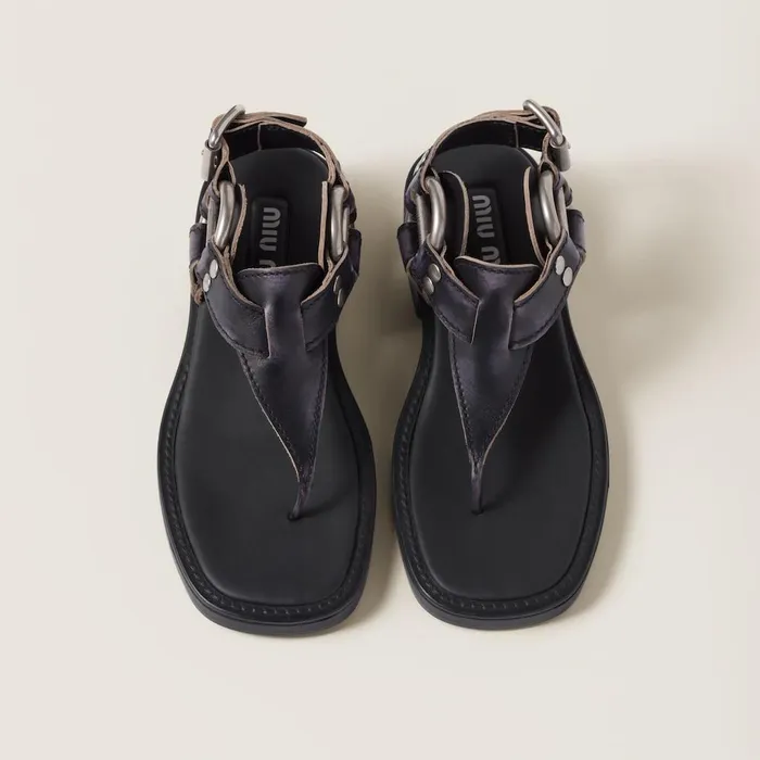 Women Sandals Miu Miu Bleached Leather Thong Sandals Black Women Sandals Miu Miu Bleached Leather Thong Sandals Black