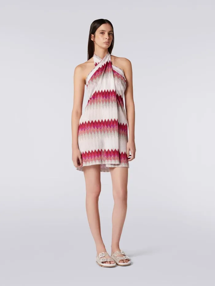 Women Sarong Piece Cover Up Dress With Lam Zigzag White Pink and Fuchsia Missoni Beachwear