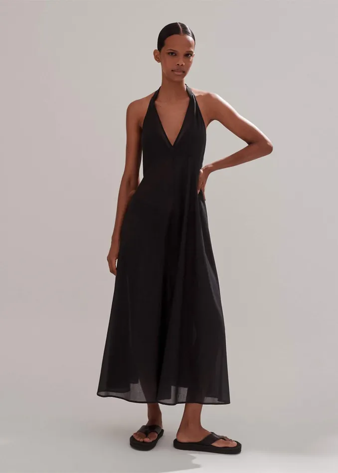 Women Sheer Halterneck Maxi Slip Dress Black MEEM