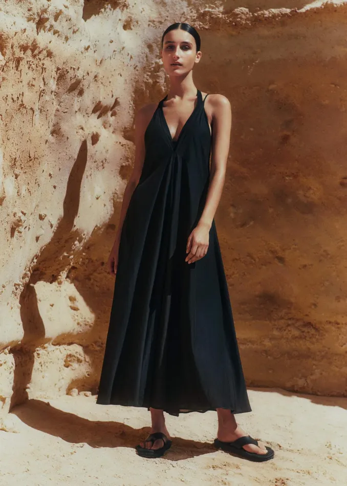 Women Sheer Halterneck Maxi Slip Dress Black MEEM