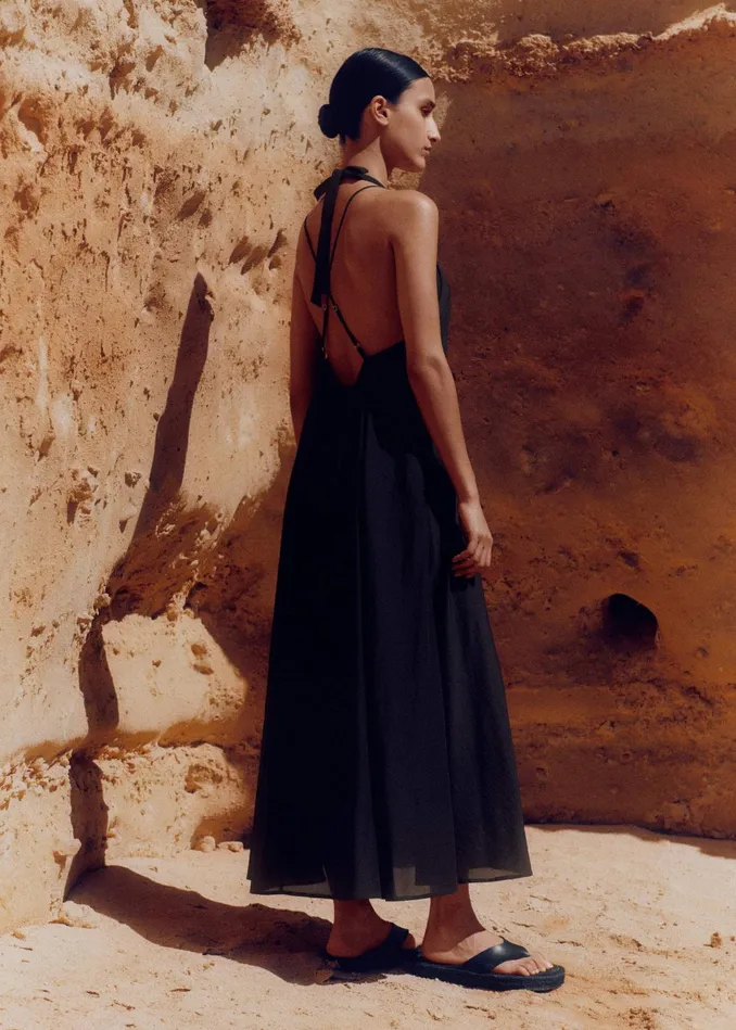 Women Sheer Halterneck Maxi Slip Dress Black MEEM