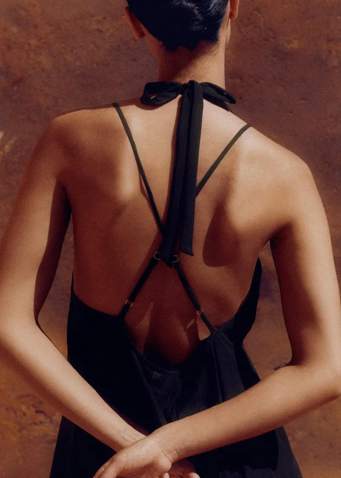 Women Sheer Halterneck Maxi Slip Dress Black MEEM